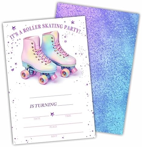 Roller Skating Birthday Invites With Envelopes - Pink Roller Skates 20 Pcs