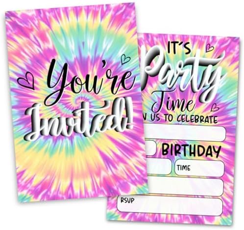 Rainbow Tie Dye Birthday Party Invitations Set