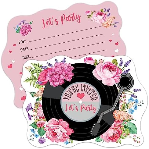 ERHACHAIJIA 20PCS Pink Flowers Vinyl Records Party Invites