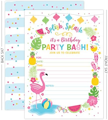 Flamingo Birthday Invite - Summer Pool Party Print - 20 Fill-In Invitations