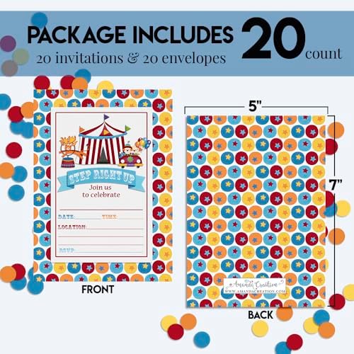 Carnival Circus Invitations 5x7 Fill-In Cards with 20 Envelopes