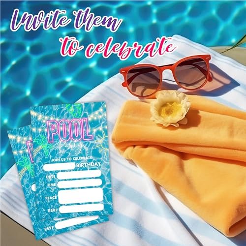 Pool Party Birthday Invitations 4x6 Glow Neon Water Double Sided