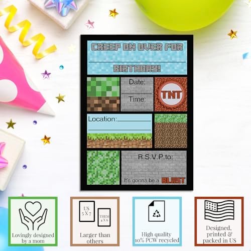 Creepy Pixel Miner Birthday Invites 20 5x7 Fill-In Cards with Envelopes