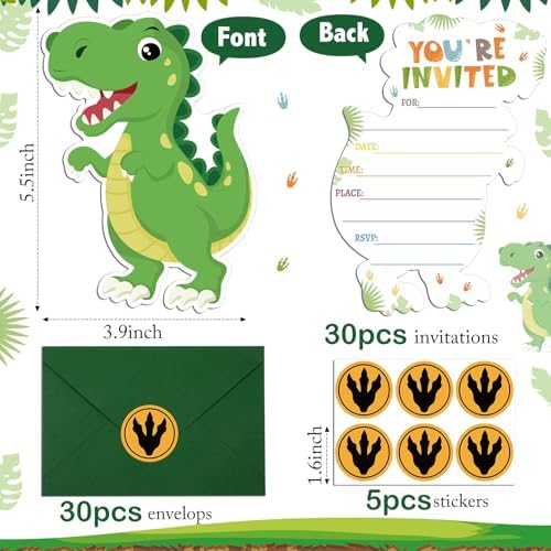 30 Dinosaur Birthday Invitations with Envelopes and Stickers