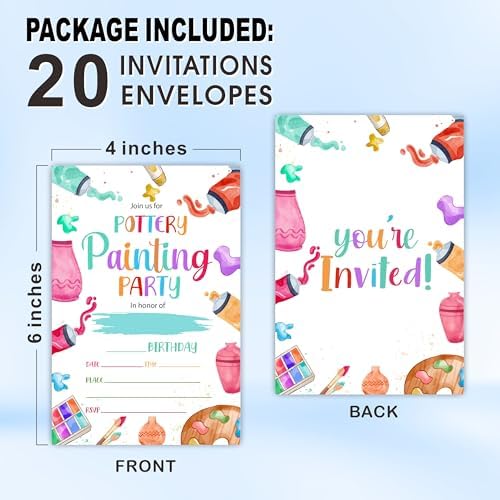 Pottery Painting Birthday Invitations with Envelopes 20 Sets
