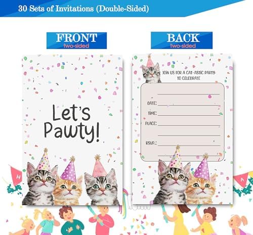 Cat Birthday Invitations 4x6 Inches 30 Sets with Envelopes