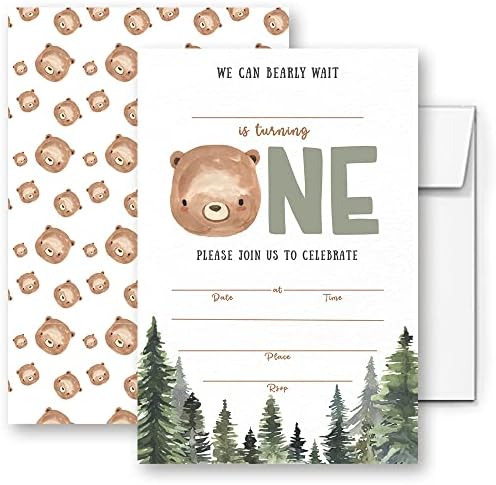 Woodland Bear First Birthday Invitation Set 024