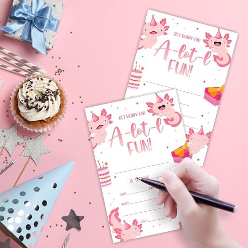 Axolotl Birthday Invites With Envelopes - 20 Sets