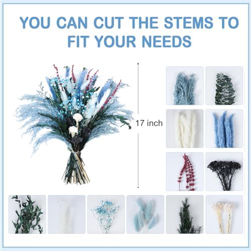 Blue Dried Flower Bouquet Boho Decor 17 Inch