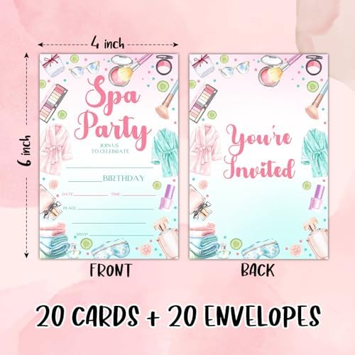 Spa Birthday Party Invites for Women Girls with Envelopes