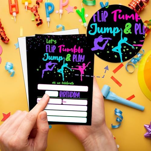 Neon Glow Gymnastics Birthday Invites for Teens