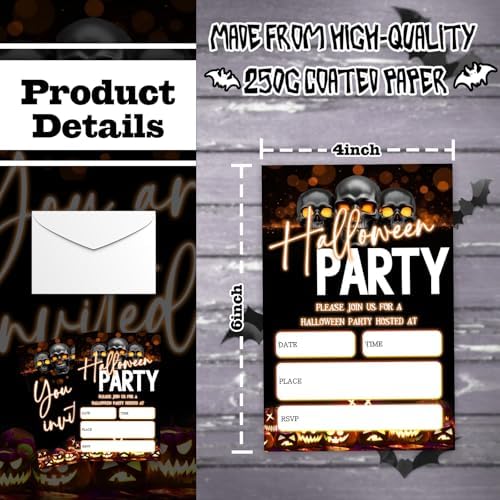 4 x 6 Halloween Party Invitations Skull Design - 25 Cards with Envelopes