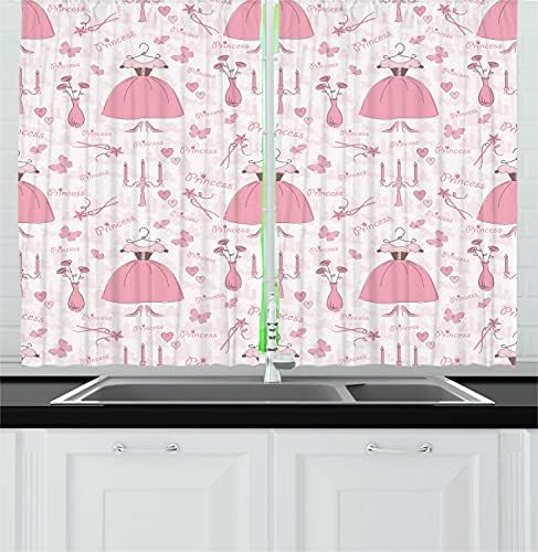 Ambesonne Cartoon Kitchen Curtains Set 2 Panels Rose Pale Pink White