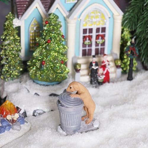 Christmas Village Set with Resin Dog and Dustbin Figurines