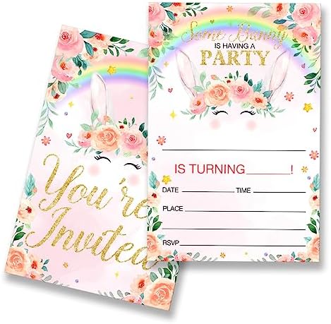 EUDOSI Rainbow Bunny Birthday Invitations Set of 20 with Envelopes