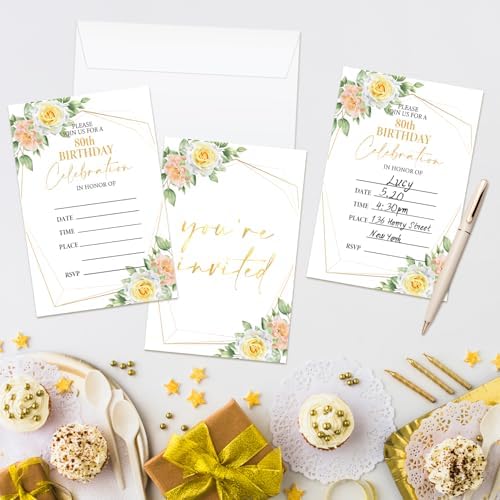 80th Floral Birthday Invitations Set 20PCS