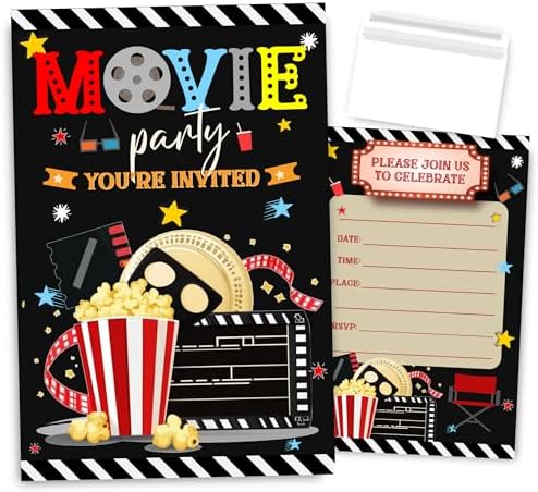 Movie Night Birthday Invitations with Envelopes