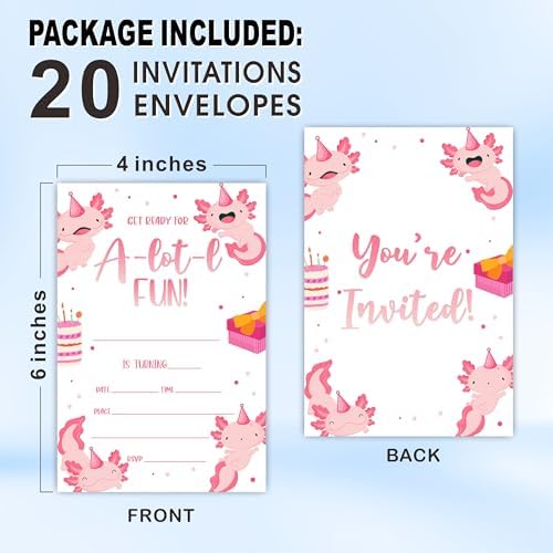 Axolotl Birthday Invites With Envelopes - 20 Sets