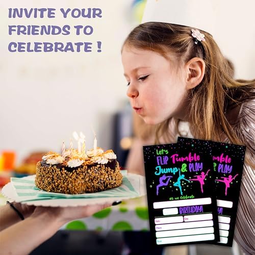 Neon Glow Gymnastics Birthday Invites for Teens