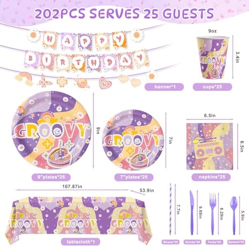 202 Pcs Groovy Party Decorations with Plates Napkins Tablecloth Banner