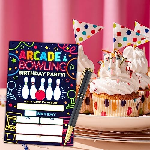 KFNER Neon Glow Arcade Bowling Birthday Invitations Set of 20