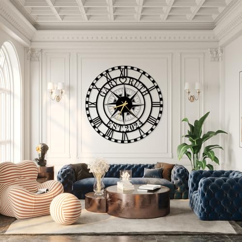 Custom Metal Compass Wall Clock with Name and Date