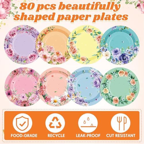 80 Pcs Pastel Floral 7 Inch Disposable Party Plates