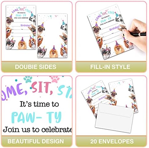 Foosproea Dog Birthday Invites 20 Pack with Envelopes