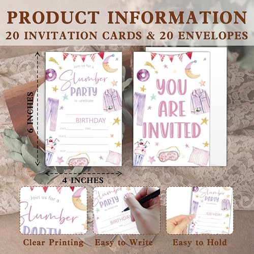 Slumber Birthday Invitations 20 PCS Pajama Party Cards