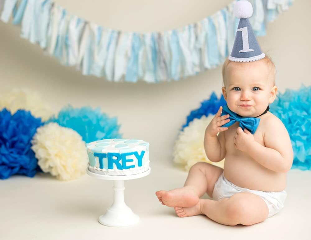 WAWUO Baby Party Hat First Birthday Gray Blue Wool Felt Handmade