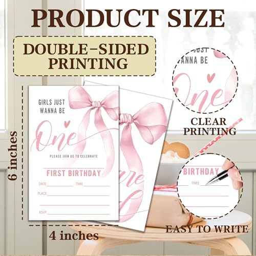 Pink Bow Birthday Invitation Cards with Envelopes