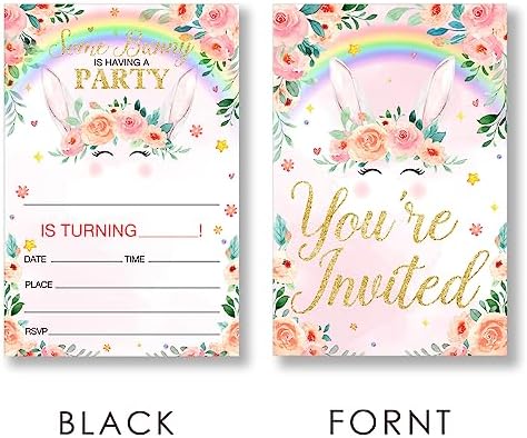 EUDOSI Rainbow Bunny Birthday Invitations Set of 20 with Envelopes