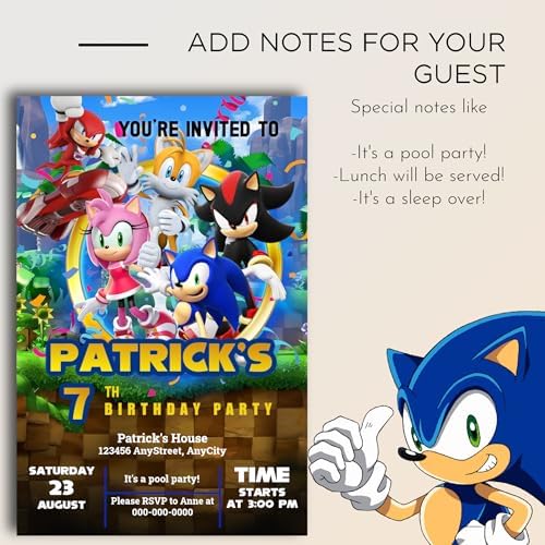 Sonic Birthday Invitations with Envelopes 4x6 Inches