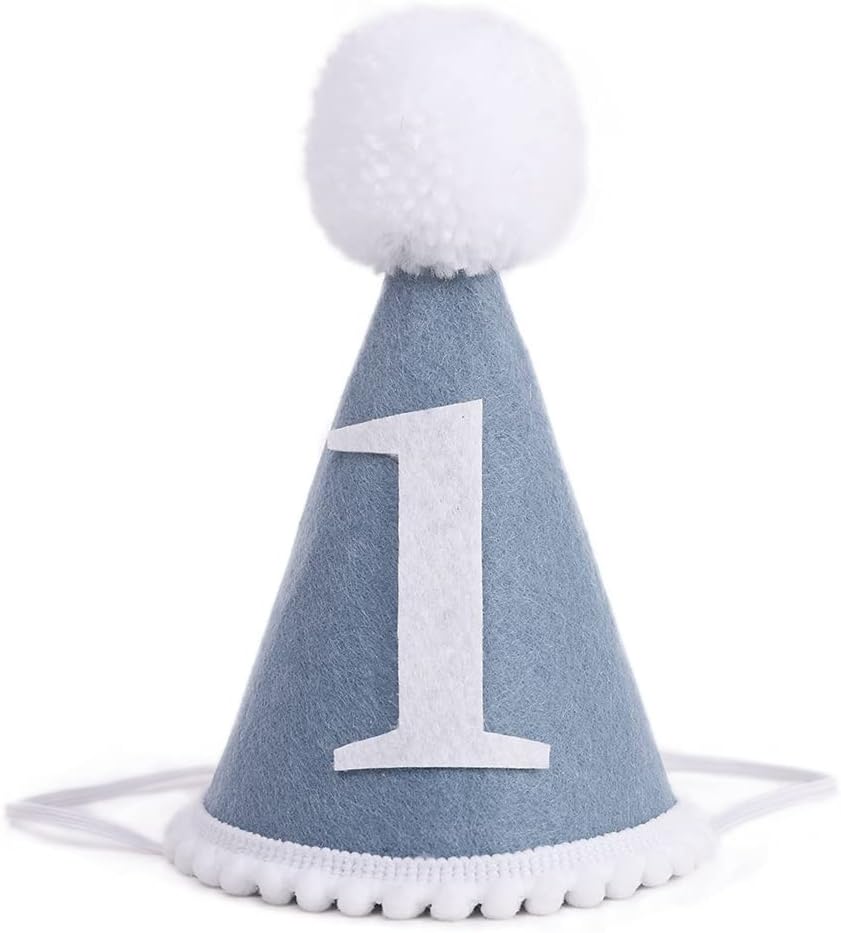 WAWUO Baby Party Hat First Birthday Gray Blue Wool Felt Handmade