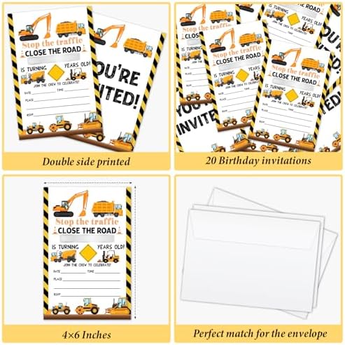 Construction Birthday Invitations with Envelopes 20 Set