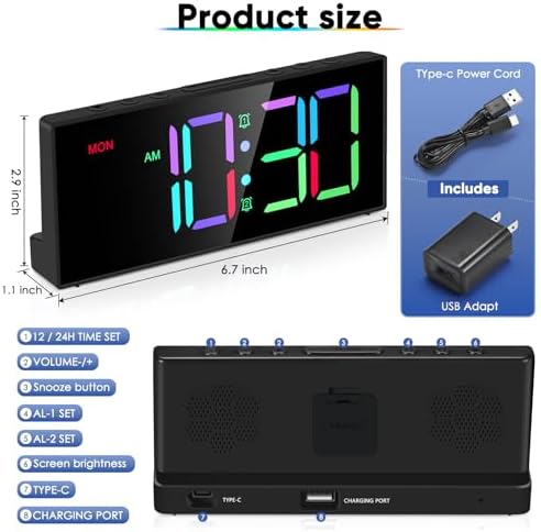 Tetino Loud Alarm Clock with RGB Display and Snooze
