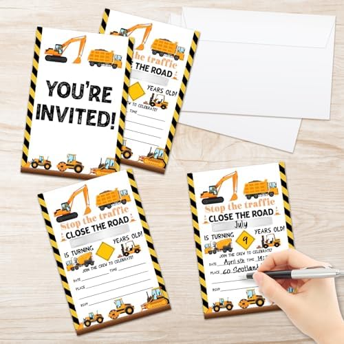 Construction Birthday Invitations with Envelopes 20 Set