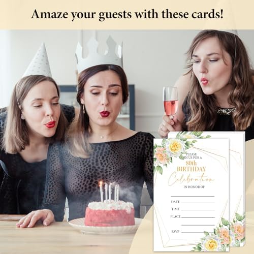 80th Floral Birthday Invitations Set 20PCS
