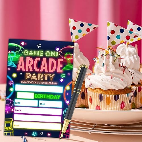 Video Game Birthday Invitations Neon Glow 20 Set