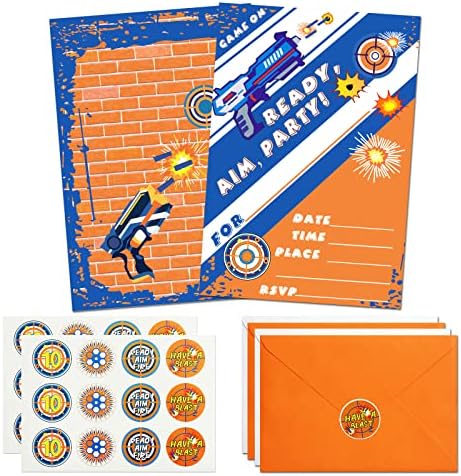 24 Pack Dart War Party Invitations with Stickers and Envelopes