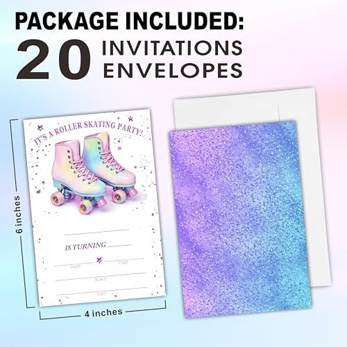 Roller Skating Birthday Invites With Envelopes - Pink Roller Skates 20 Pcs
