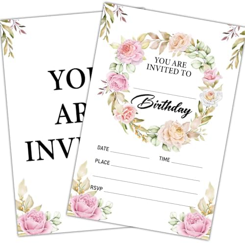 Pink Floral Birthday Party Invitations 20 Pcs with Envelopes