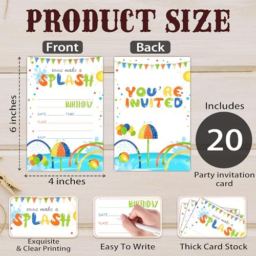 Splash Pad Birthday Invitation 20 Set with Envelopes