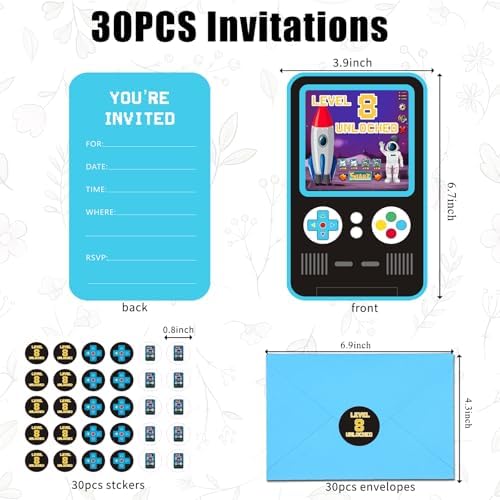 30 Pack Video Game Birthday Invitations for Boys