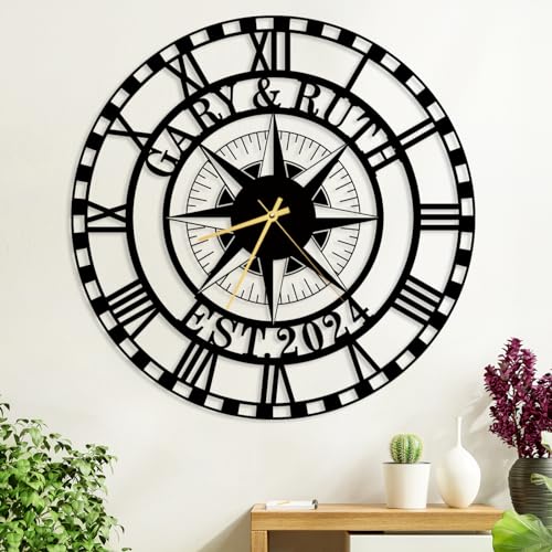 Custom Metal Compass Wall Clock with Name and Date