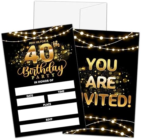 40th Birthday Invites for Men Women - Black Gold Decorations