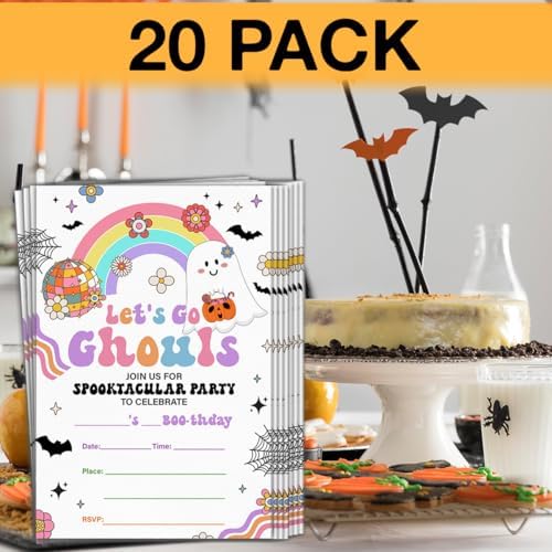 Halloween Birthday Invitations Groovy Rainbow Ghost Lets Go Ghouls 20 Pack
