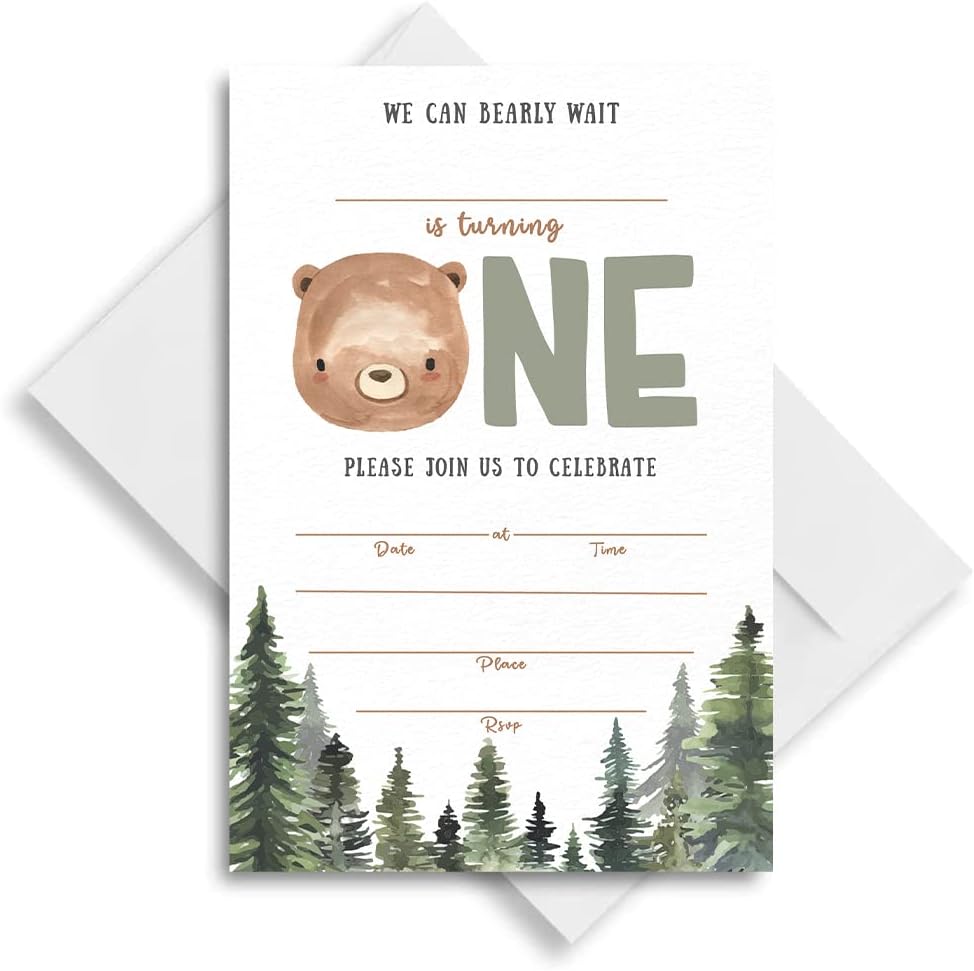 Woodland Bear First Birthday Invitation Set 024