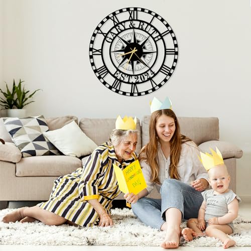 Custom Metal Compass Wall Clock with Name and Date