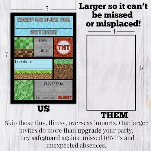 Creepy Pixel Miner Birthday Invites 20 5x7 Fill-In Cards with Envelopes